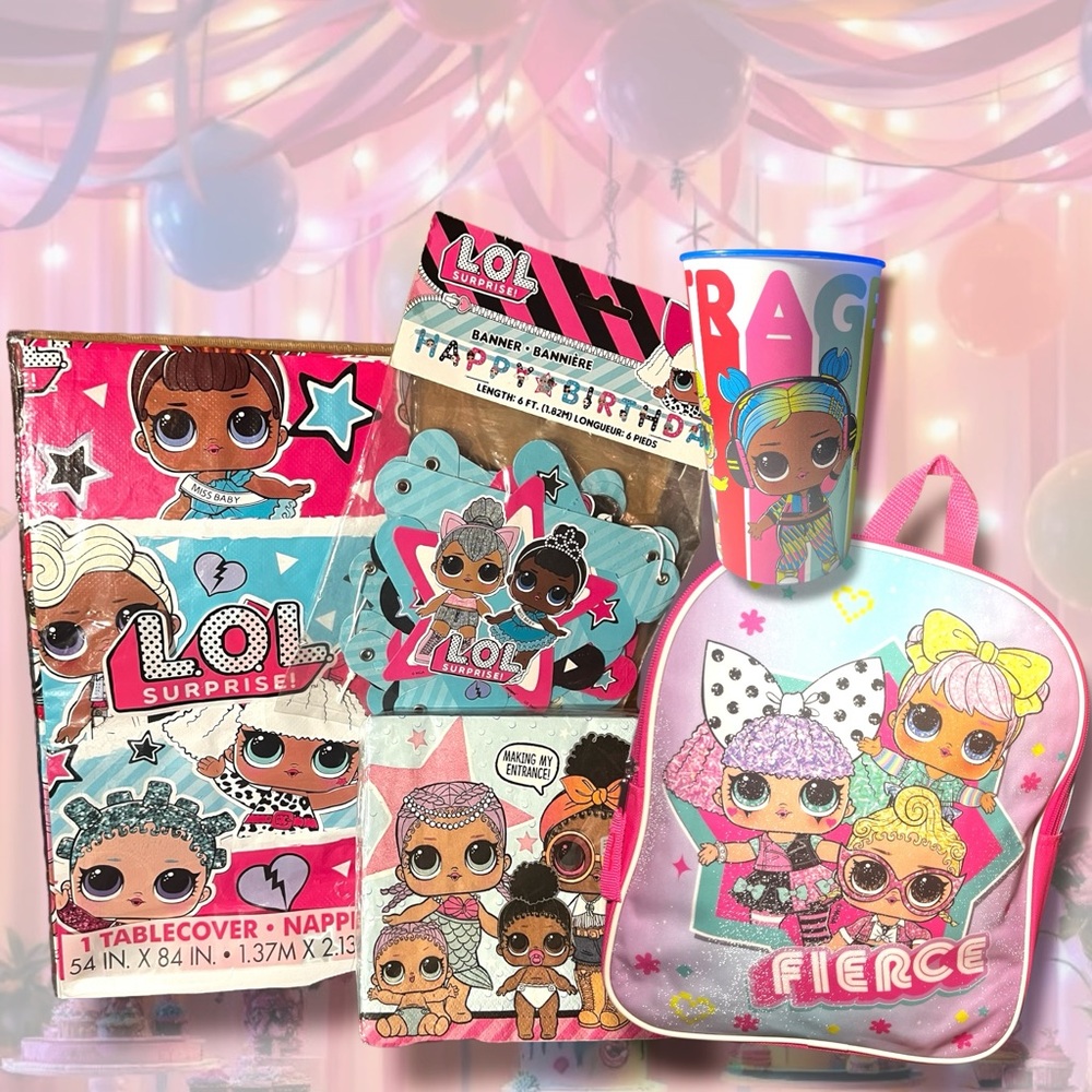 LOL SURPRISE Birthday 6ft Banner, Table Cloth, Napkins, 1 BACKPACK + 1 Kid Cup